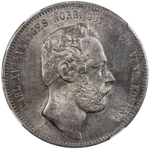 World Coins - Europe，SWEDEN: Carl XV, 1859-1872, AR riksdaler species, 1865, KM-496, Y-10.1, initial