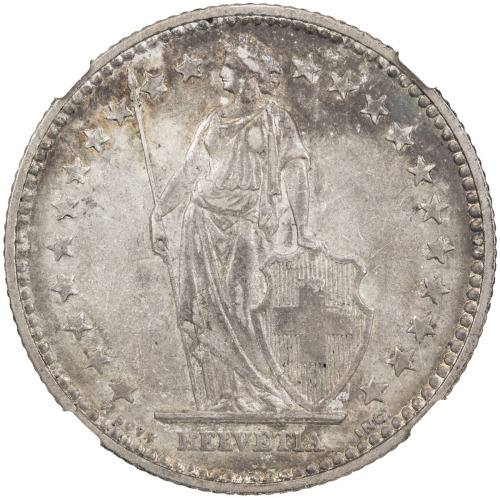 World Coins - Europe，SWITZERLAND: AR 2 francs, 1886-B, KM-21, toned, NGC graded AU58, ex Mike Edward