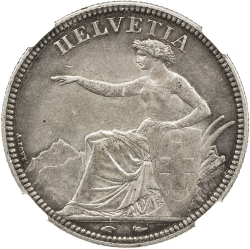 World Coins - Europe，SWITZERLAND: AR 5 francs, 1851-A, KM-11, NGC graded AU50.