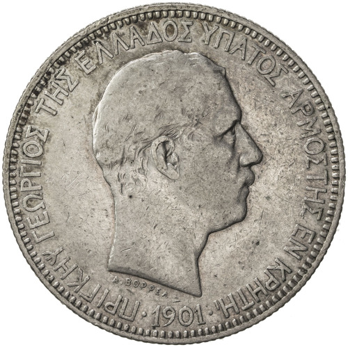 World Coins - Europe，CRETE: George, 1898-1906, AR 5 drachmai, 1901, KM-9, lightly toned, Choice VF.