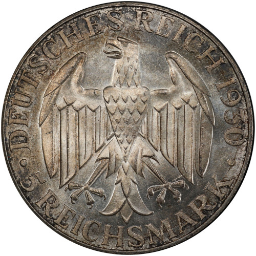 World Coins - Europe，GERMANY: AR 5 mark, 1930-J, KM-68, World Flight of the Graf Zeppelin, PCGS grad