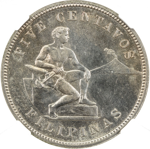 World Coins - Asia & Middle-East，PHILIPPINES: 5 centavos, 1908, KM-164, nice golden tone, mintage on