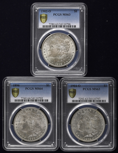 USA アメリカ合众国 Dollar 1896, 1902O, 1904O  计3枚组 3pcs PCGS-MS64,MS63,MS63返品不可 要下见 Sold as is No returns U