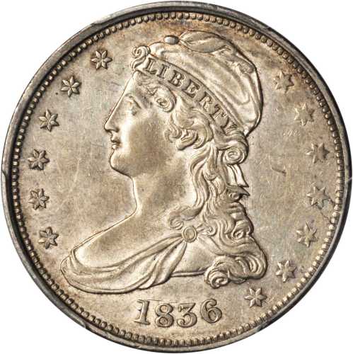 1836 Capped Bust Half Dollar. Reeded Edge. 50 CENTS. GR-1, the only known dies. Rarity-2. AU-53 (PCG