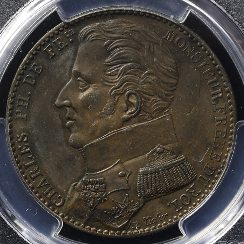 FRANCE Louis XVIII 儿イ18世(1814~24) Essai (5Francs) in Bronze 1818  PCGS-SP62 见本打 -UNC