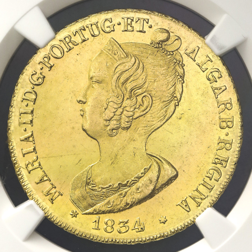 PORTUGAL ポ儿トガ儿 4Escudos(Peca) 1834 NGC-UNC Details“Obv.Scratched“ 肖像面フィー儿ドに軽いスクラッチ1本ある以外 AU