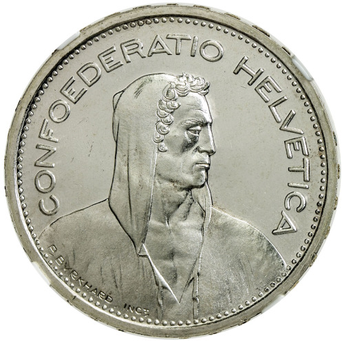 World Coins - Europe，SWITZERLAND: AR 5 francs, 1950-B, KM-40, KM values at $600 in Specimen! NGC gra