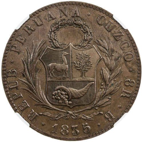 World Coins - The Americas，PERU: AE 8 reales pattern, CUZCO, 1835, Bruce-X7a, Fonrobert-9225, Guttag
