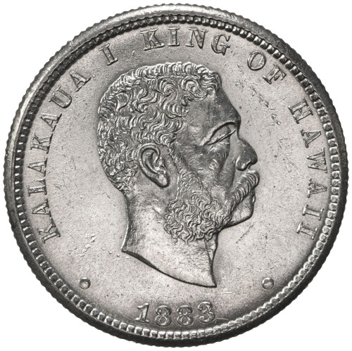 World Coins - Australia & Pacific，HAWAII: Kalakaua, 1874-1891, AR quarter (hapaha), 1883, KM-5, choi