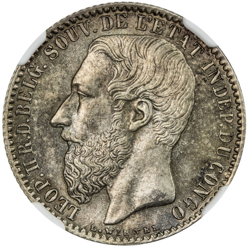 World Coins - Africa，BELGIAN CONGO: Leopold II, 1885-1909, AR franc, 1887, nice light gold tone, NGC