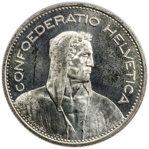 World Coins - Europe，SWITZERLAND: AR 5 francs, 1935-B, KM-40, KM values at $650 in Specimen! PCGS gr
