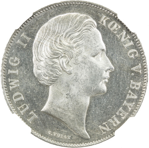 World Coins - Europe，BAVARIA: Ludwig II, 1864-1886, AR gulden, 1869, KM-493, brighly lustrous, NGC g