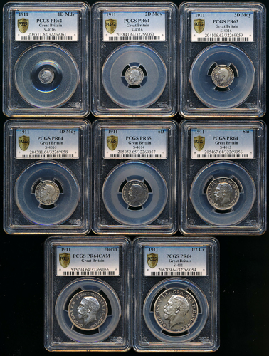 GREAT BRITAIN George V ジョージ5世(1910~36) AR Proof Set 1911  1/2Crown:PCGS-PR64,Florin:PCGS-PR64 CAM,Sh