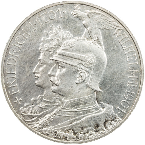 World Coins - Europe，PRUSSIA: Wilhelm II, 1888-1918, AR 5 mark, 1901, KM-526, commemorates 200th Ann