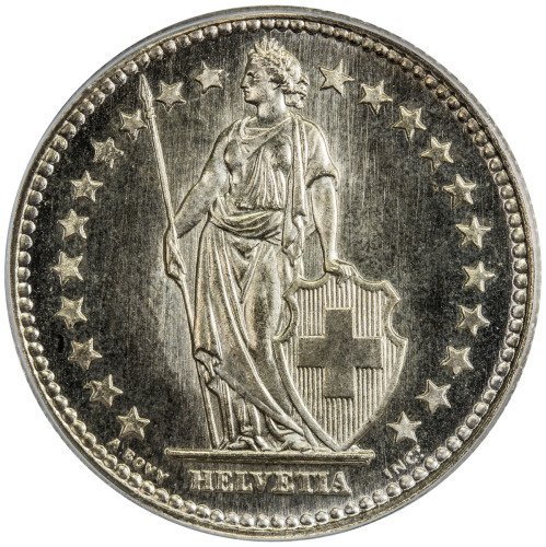 World Coins - Europe，SWITZERLAND: AR 2 francs, 1943-B, KM-21, lightly toned, old green label, PCGS g