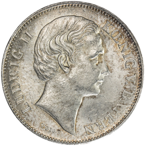 World Coins - Europe，BAVARIA: Ludwig II, 1864-1886, AR ½ gulden, 1869, KM-882, Unc.