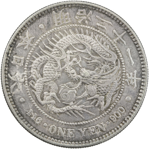 World Coins - Asia & Middle-East，JAPAN: Meiji, 1868-1912, AR yen, year 21 (1888), Y-A25.3, much orig