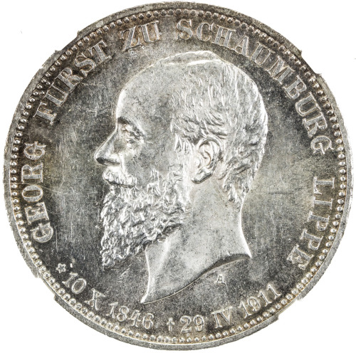 World Coins - Europe，SCHAUMBURG-LIPPE: Albrecht Georg, 1893-1911, AR 3 mark, 1911-A, KM-55, struck u