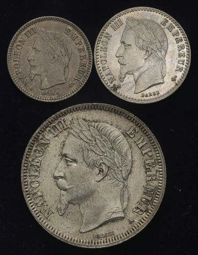 FRANCE Napoleon III ナポレオン3世(1852~70) 20Centimes 1867A/50Centimes 1865A/2Francs 1868A 返品不可 要下见 Sold a