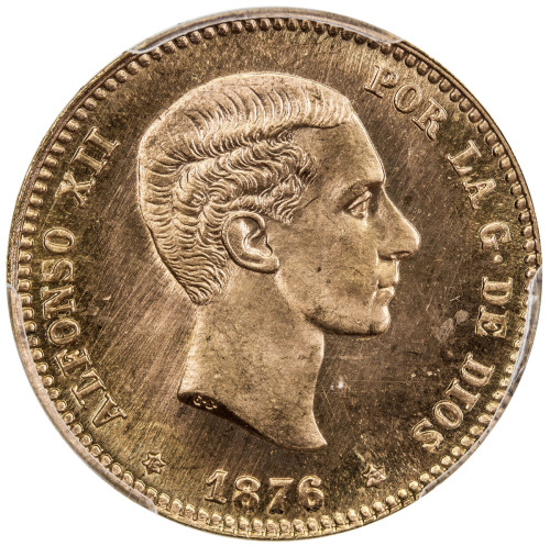 World Coins - Europe，SPAIN: Alfonso XII, 1874-1885, AV 25 pesetas, 1876, KM-673, DEM mintmaster, 196