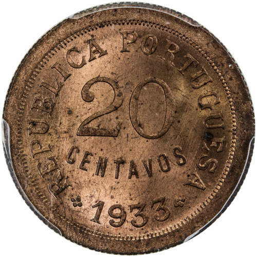 World Coins - Africa，PORTUGUESE GUINEA: AE 20 centavos, 1933, one-year type, PCGS graded MS65 RD.