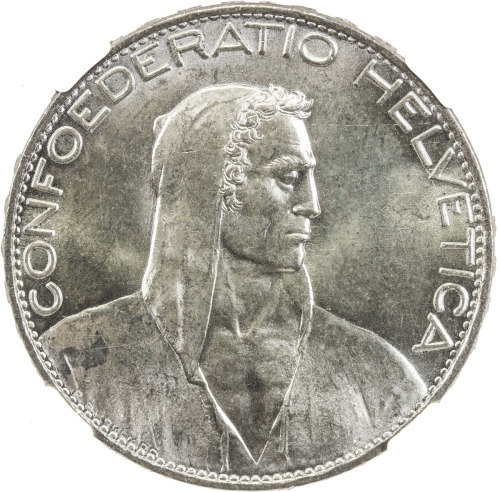 World Coins - Europe，SWITZERLAND: AR 5 francs, 1926-B, KM-38, William Tell, fully lustrous, NGC grad