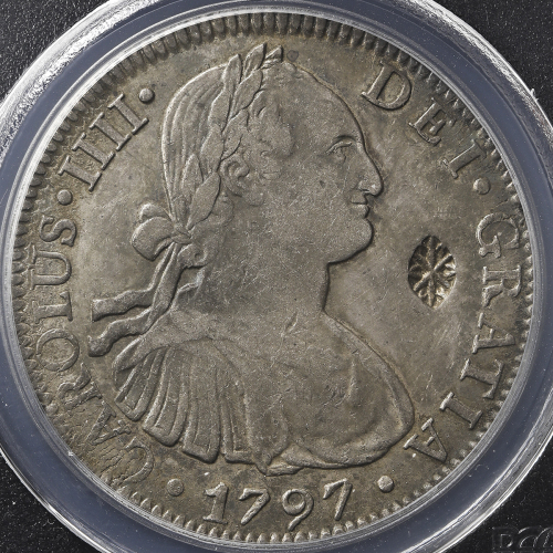 MEXICO メキシコ 8Reals 1797FM 不明加刻印(ジャワか？) PCGS-AU Details“Chop Mark“ 小荘印1ヶ -EF