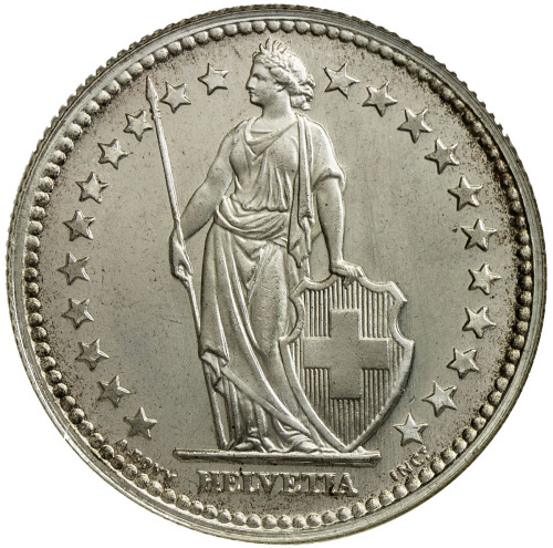 World Coins - Europe，SWITZERLAND: AR 2 francs, 1944-B, KM-21, very lightly toned, attractive, NGC gr