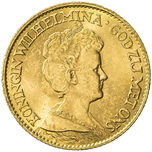 World Coins - Europe，NETHERLANDS: Wilhelmina I, 1890-1948, AV 10 gulden, 1917, KM-149, AGW 0.1947 oz