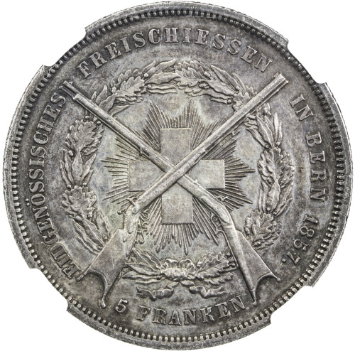 World Coins - Europe，SWITZERLAND: AR 5 francs, 1857, Bruce-XS4, Federal Shooting Festival in Bern, f