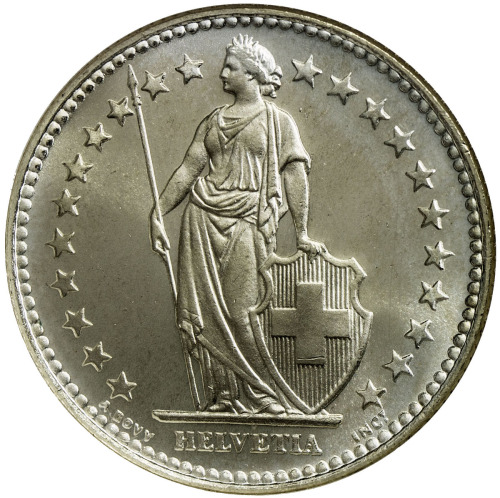 World Coins - Europe，SWITZERLAND: AR 2 francs, 1931-B, KM-21, blast white surfaces, NGC graded Speci