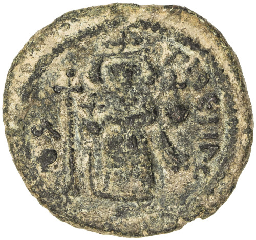 Islamic - Early Pre-Reform，ARAB-BYZANTINE: Standing Emperor, ca. 680-690, AE fals (5.21g), Tabariya,