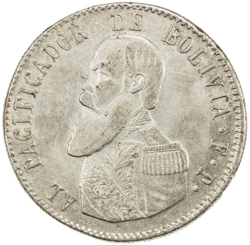 World Coins - The Americas，BOLIVIA: AR melgarejo (20.13g), 1865, KM-146, General Melgarejo seized po
