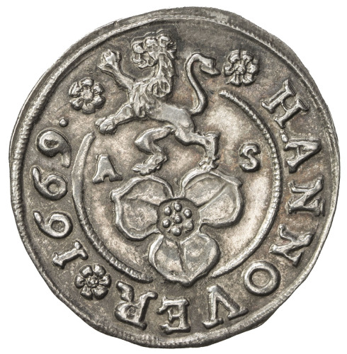 World Coins - Europe，HANOVER: AR 4 mariengroschen (2.49g), 1669-AS, KM-69, flower below lion, AU, ex