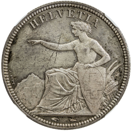 World Coins - Europe，SWITZERLAND: AR 5 francs, 1851-A, KM-11, Schön-23, Helvetia, the personificatio