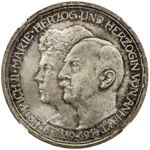 World Coins - Europe，ANHALT-DESSAU: Friedrich II, 1904-1918, AR 3 mark, 1914-A, KM-30, J-24, Silver 