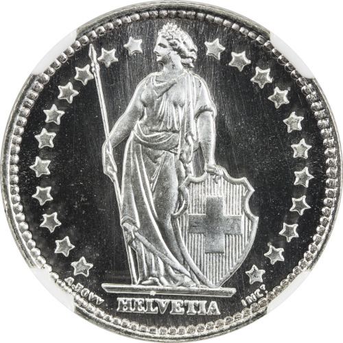 World Coins - Europe，SWITZERLAND: AR franc, 1943-B, KM-24, prooflike specimen strike, NGC graded Spe