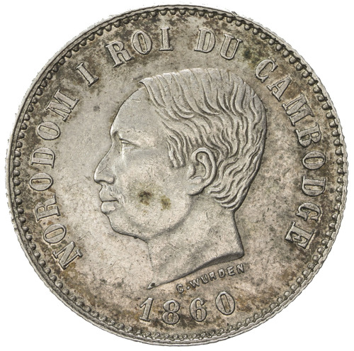 World Coins - Asia & Middle-East，CAMBODIA: Norodom I, 1835-1904, AR 2 francs (10.07g), 1860, KM-47.1