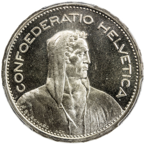 World Coins - Europe，SWITZERLAND: AR 5 francs, 1932-B, KM-40, PCGS graded Specimen 65, ex Mike Edwar