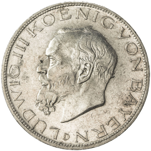 World Coins - Europe，BAVARIA: Ludwig III, 1913-1918, AR 5 mark, 1914-D, KM-521, Unc.