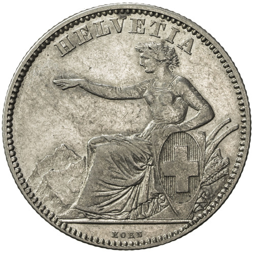 World Coins - Europe，SWITZERLAND: AR 2 francs, 1863-B, KM-10a, classic Helvetia design , denominatio