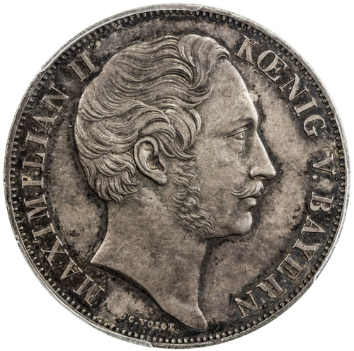 World Coins - Europe，BAVARIA: Maximilian II, 1848-1864, AR 2 gulden, 1855, KM-848, Restoration of th