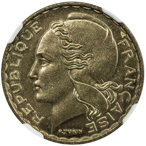 World Coins - Europe，FRANCE: 20 francs essai, 1950, Mazard-2765, aluminum-bronze essai by P. Turin, 