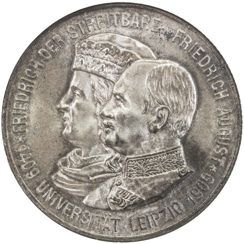 World Coins - Europe，SAXONY: Friedrich August III, 1904-1918, AR 2 mark, 1909, KM-1268, 500th Annive