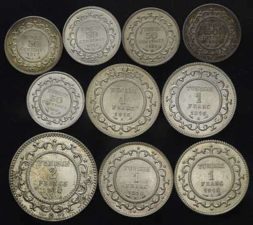 TUNISIA チュニジア 50Centimes 1891,1915,16,17,23/Franc 1916(×4)/2Francs 1916 返品不可 要下见 Sold as is No retur