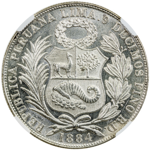 World Coins - The Americas，PERU: Republic, AR sol, 1884, KM-196.20, assayer RD, struck in Santiago, 
