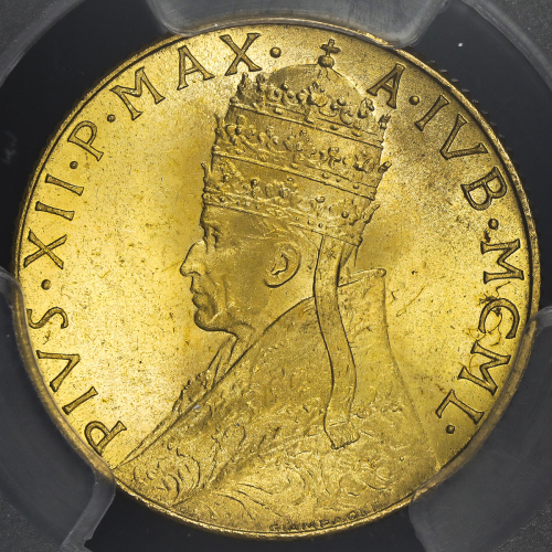 VATICAN ヴァチカン 100Lire 1950 PCGS-UNC Details“Bent“ 平金にやや歪曲あり AU