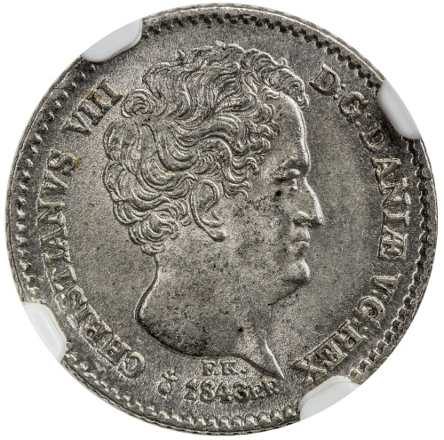 World Coins - Europe，DENMARK: Christian VIII, 1839-1848, AR 8 rigsbankskilling, 1843, KM-737, mint o