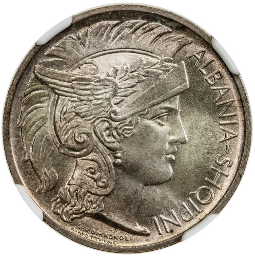 World Coins - Europe，ALBANIA: Republic, AR frang ar, 1927-R, KM-6, a superb example! NGC graded MS67