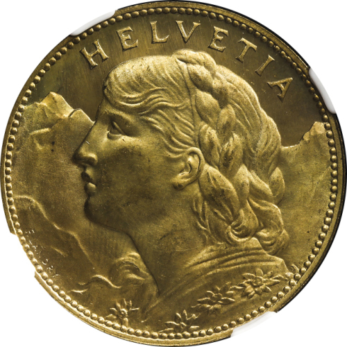 SWITZERLAND Confederation スイス连邦 Essai 100Francs in Brass 1925B NGC-SP65 见本打ち UNC~FDC